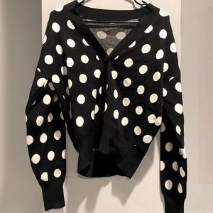Polka dot cardigan. L/XL. Stretchy. Never worn. Short torso length.